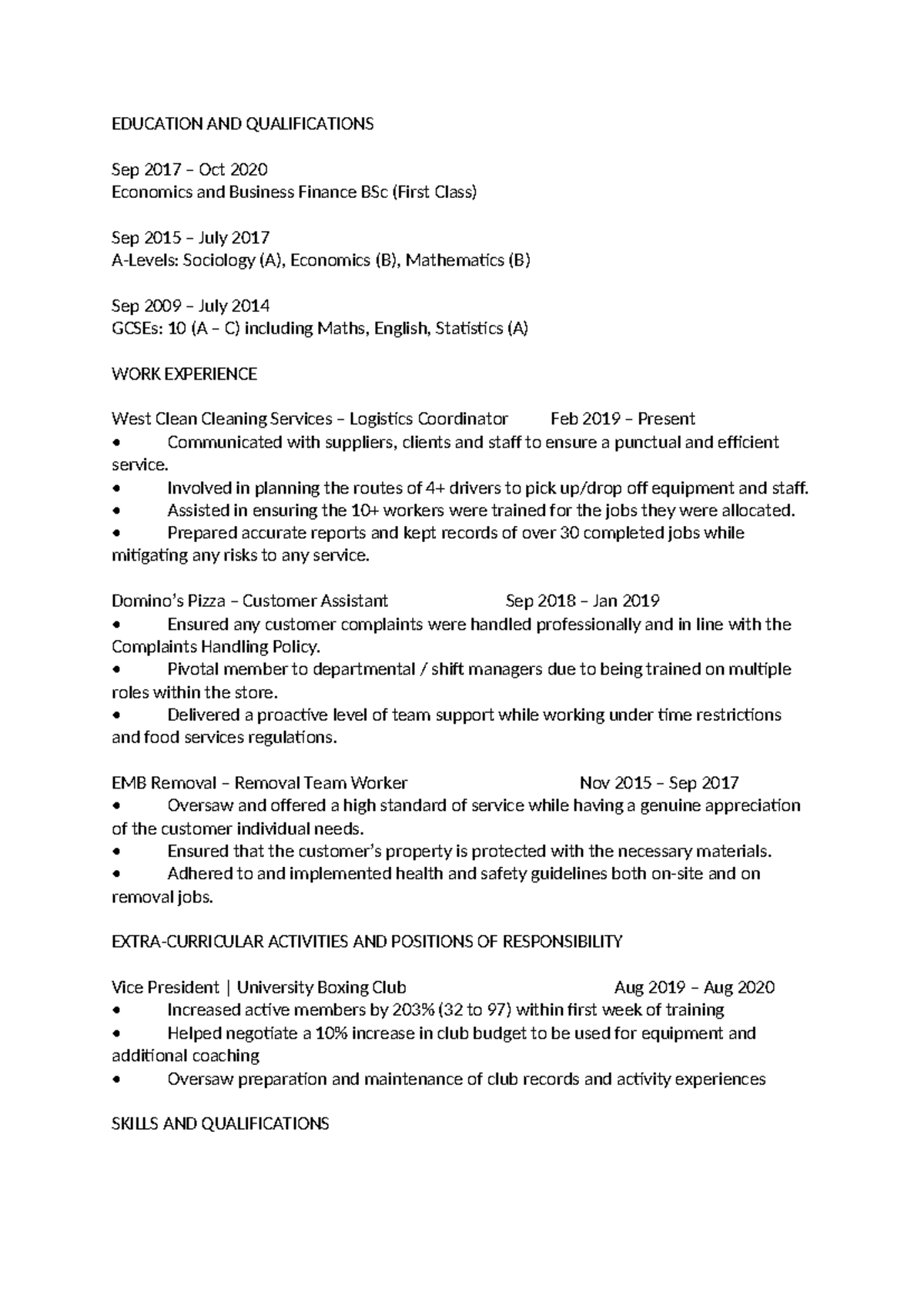 Blind CV - EDUCATION AND QUALIFICATIONS Sep 2017 – Oct 2020 Economics ...