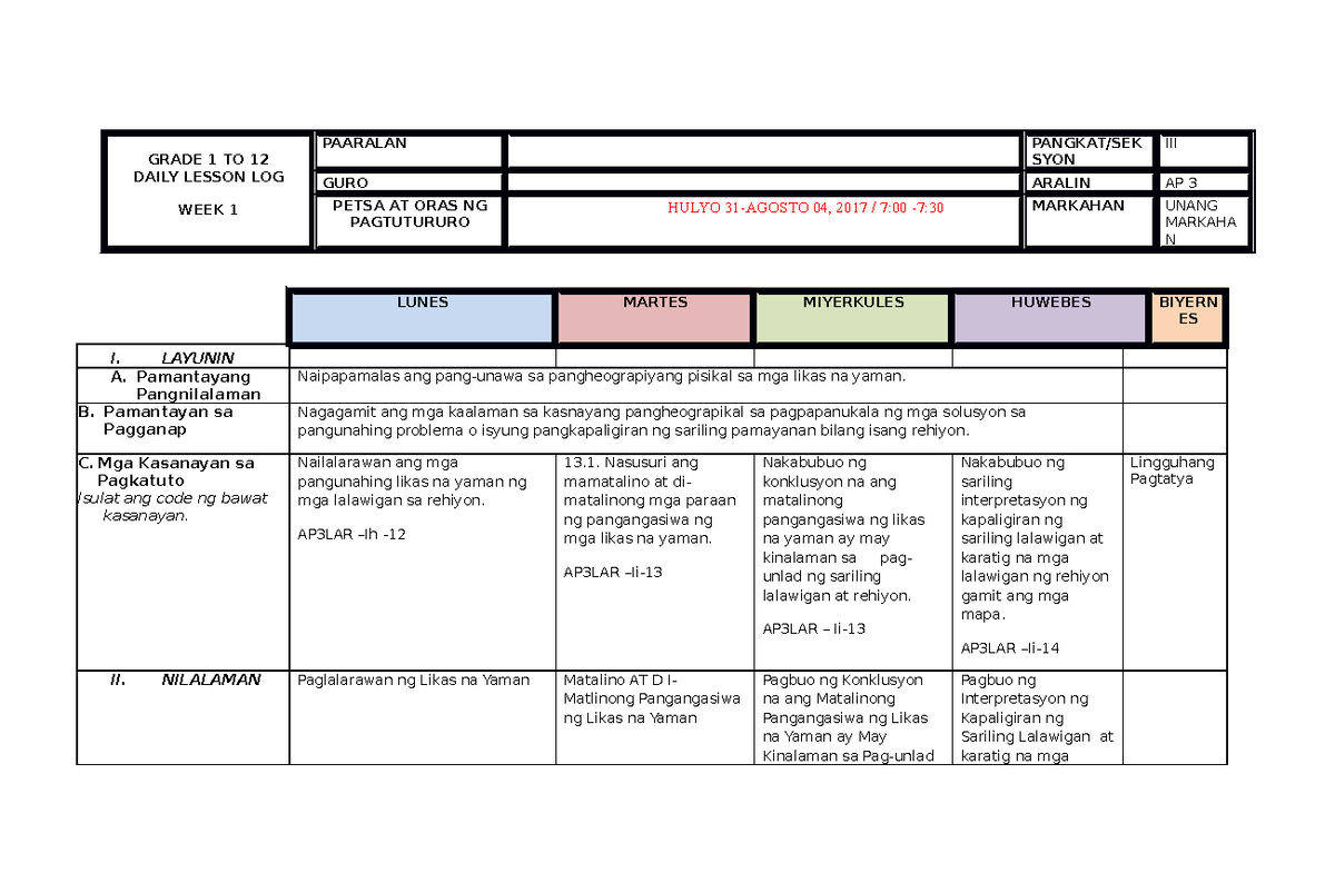 AP 3 DLL q1 w9 - dll - GRADE 1 TO 12 DAILY LESSON LOG WEEK 1 PAARALAN ...