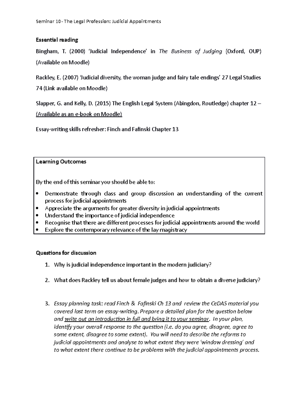 Seminar 10 The Legal Profession, Judicial Appointments Seminar 10