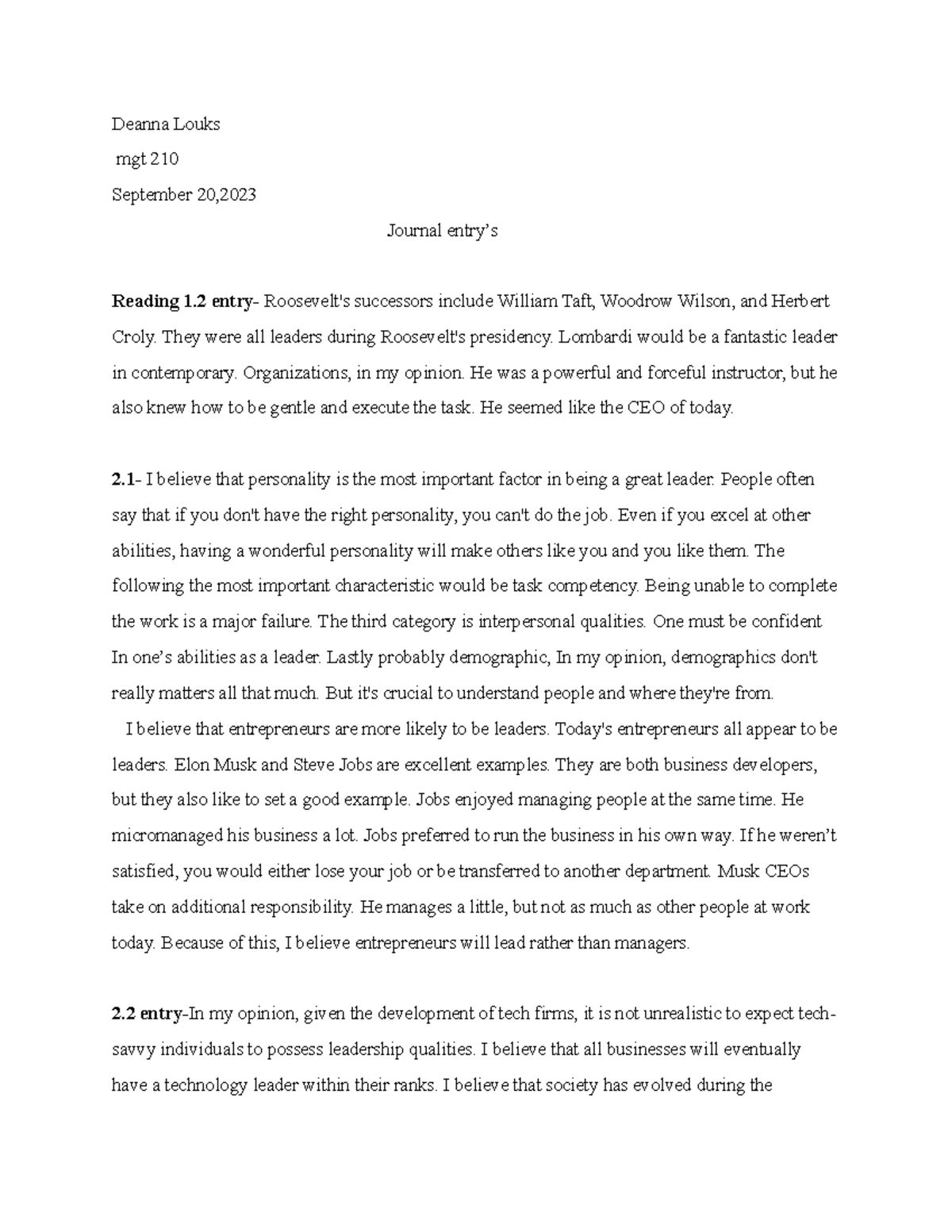 Journal entrys - assignment - Deanna Louks mgt 210 September 20 ...