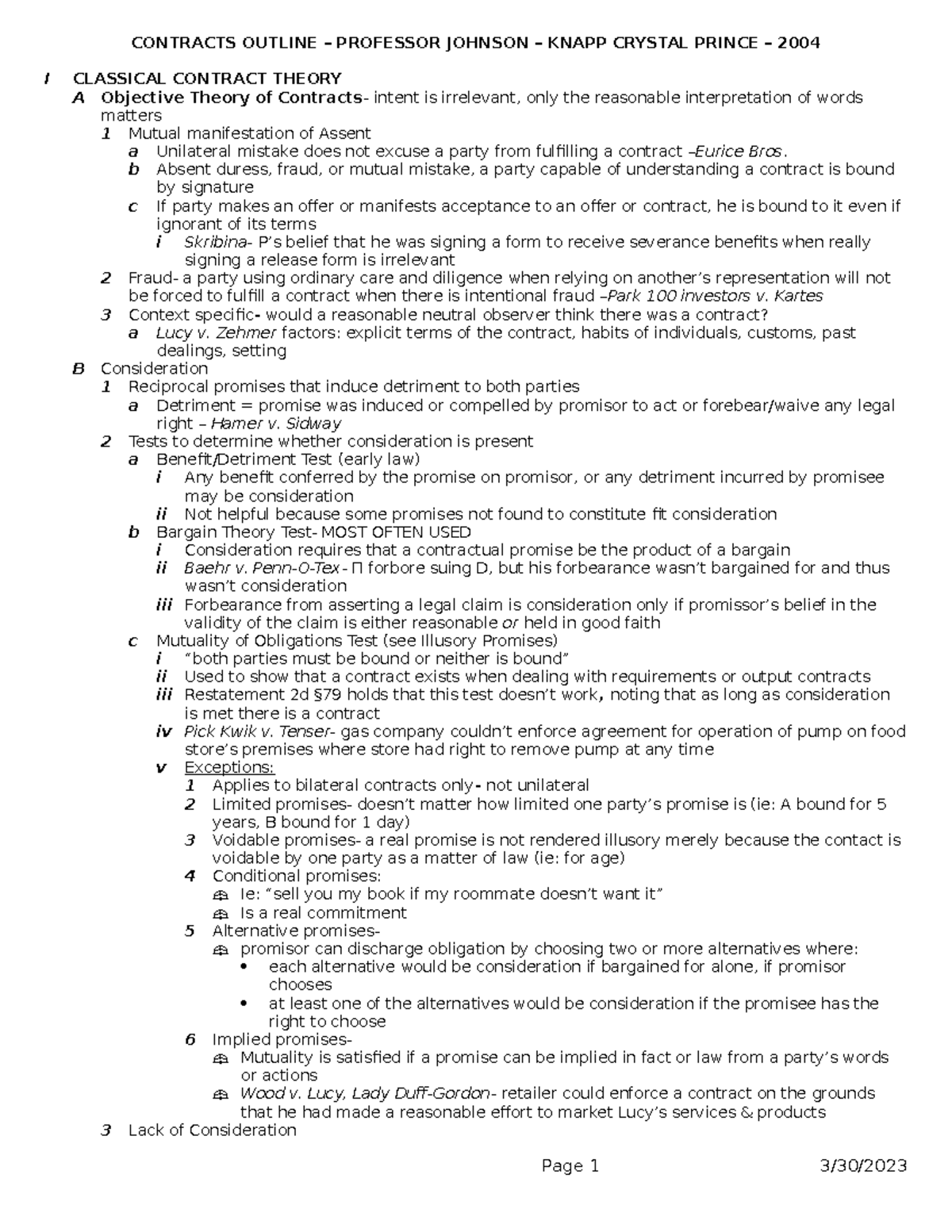 Contracts Law Outline - 3 - CONTRACTS OUTLINE – PROFESSOR JOHNSON ...