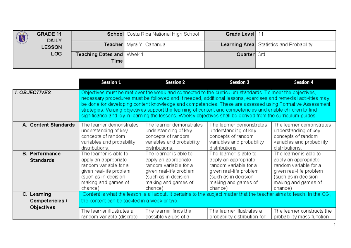 WEEK 1 - this is an example of lesson plan - GRADE 11 DAILY LESSON LOG ...