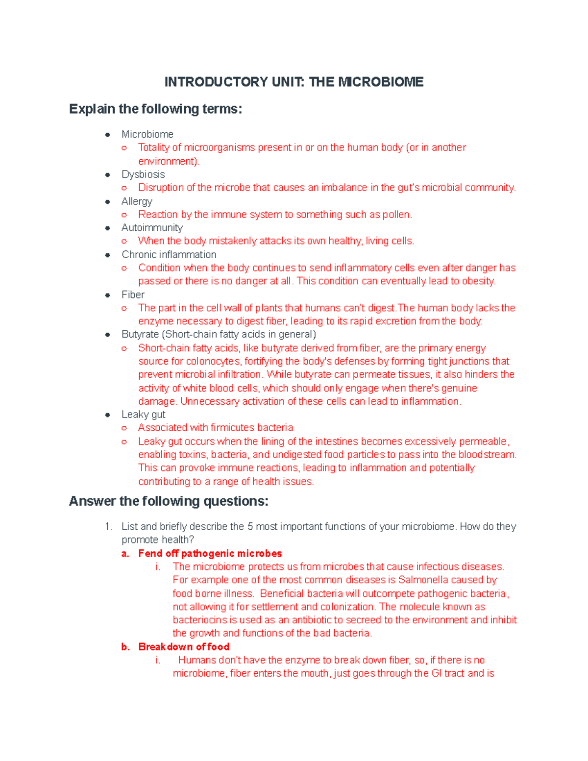 Study Guide Introductory UNIT THE Microbiome - INTRODUCTORY UNIT: THE ...