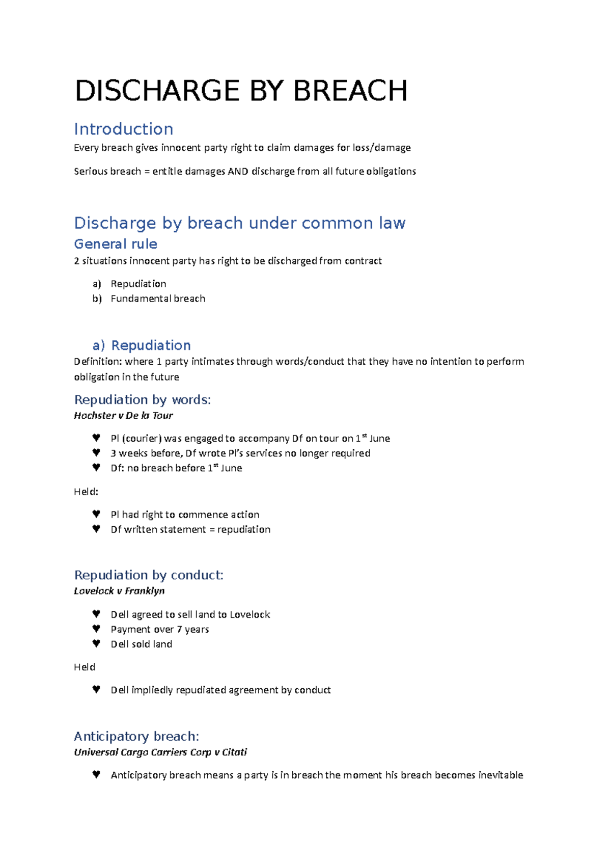 Discharge BY Breach Notes from textbook I typed out. DISCHARGE BY BREACH Introduction Every