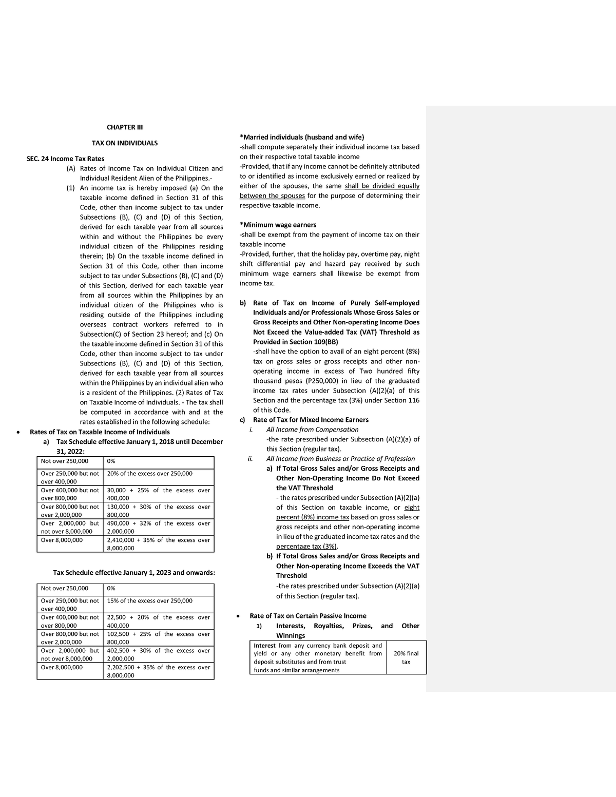 TAX CODE Summary CHAPTER III TAX ON INDIVIDUALS SEC 24 Income Tax 