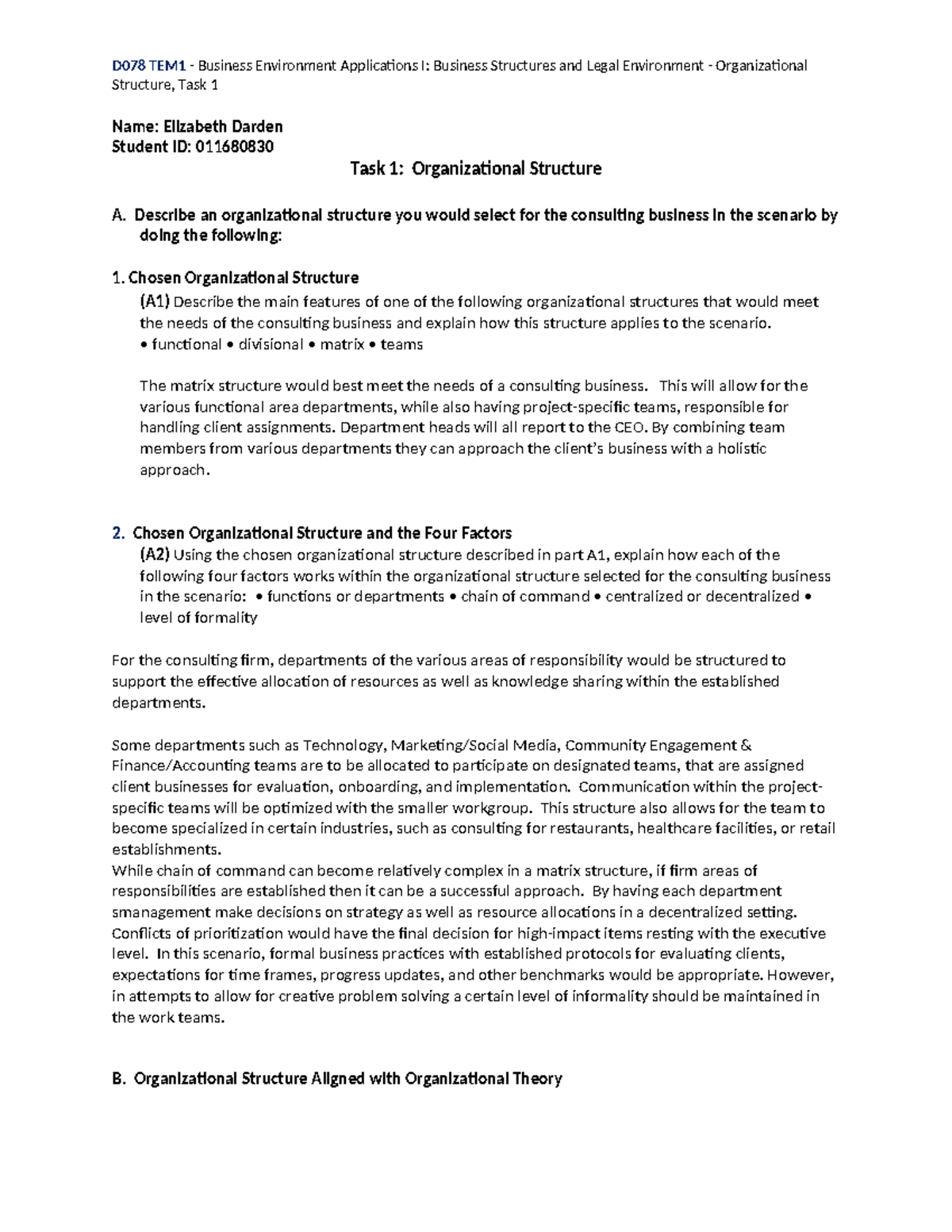 D078 - Task 1 docx - D078 TEM1 - Business Environment Applications I ...