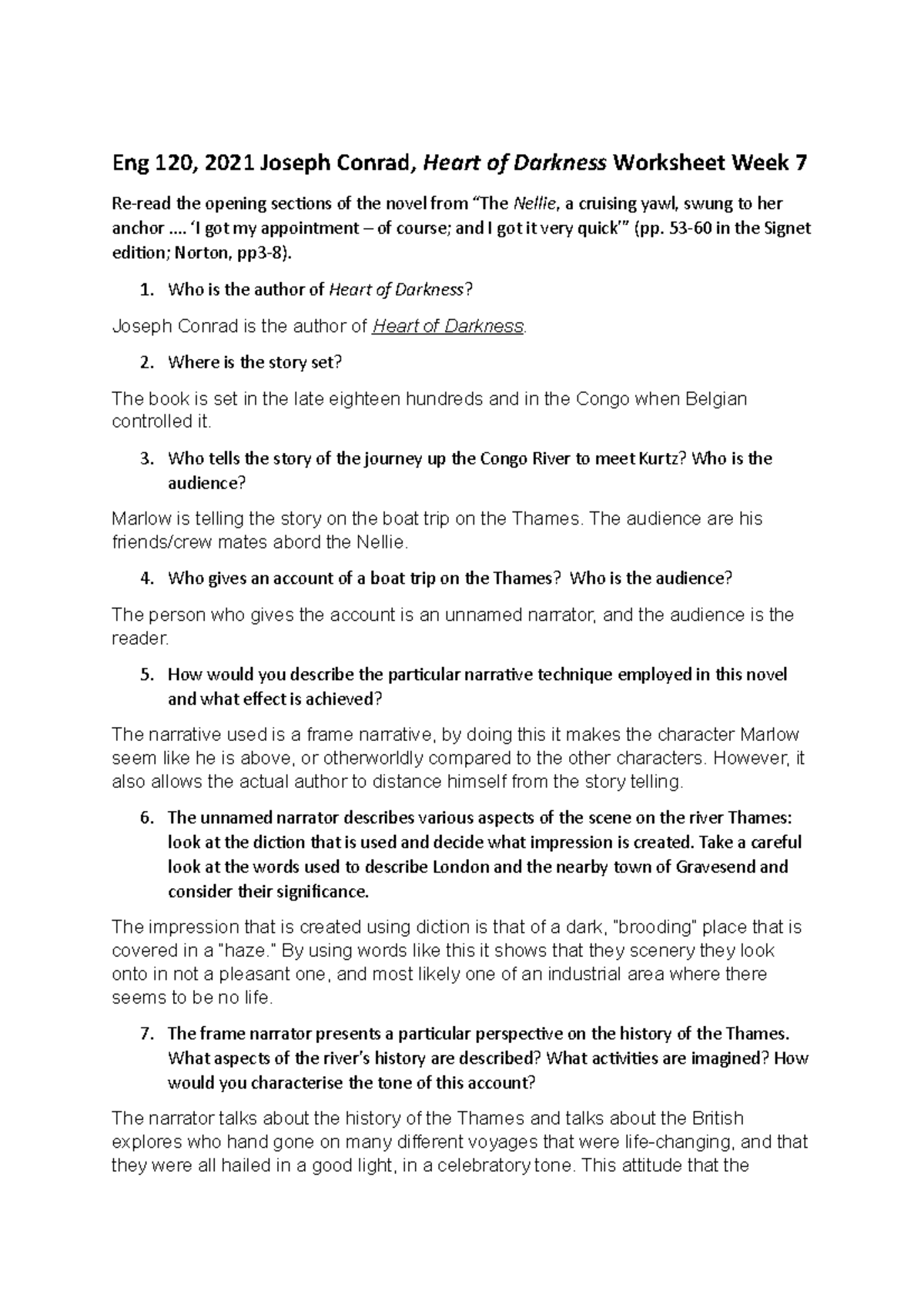 Answers For "Week 7 Worksheet" - Eng 120, 2021 Joseph Conrad, Heart Of ...