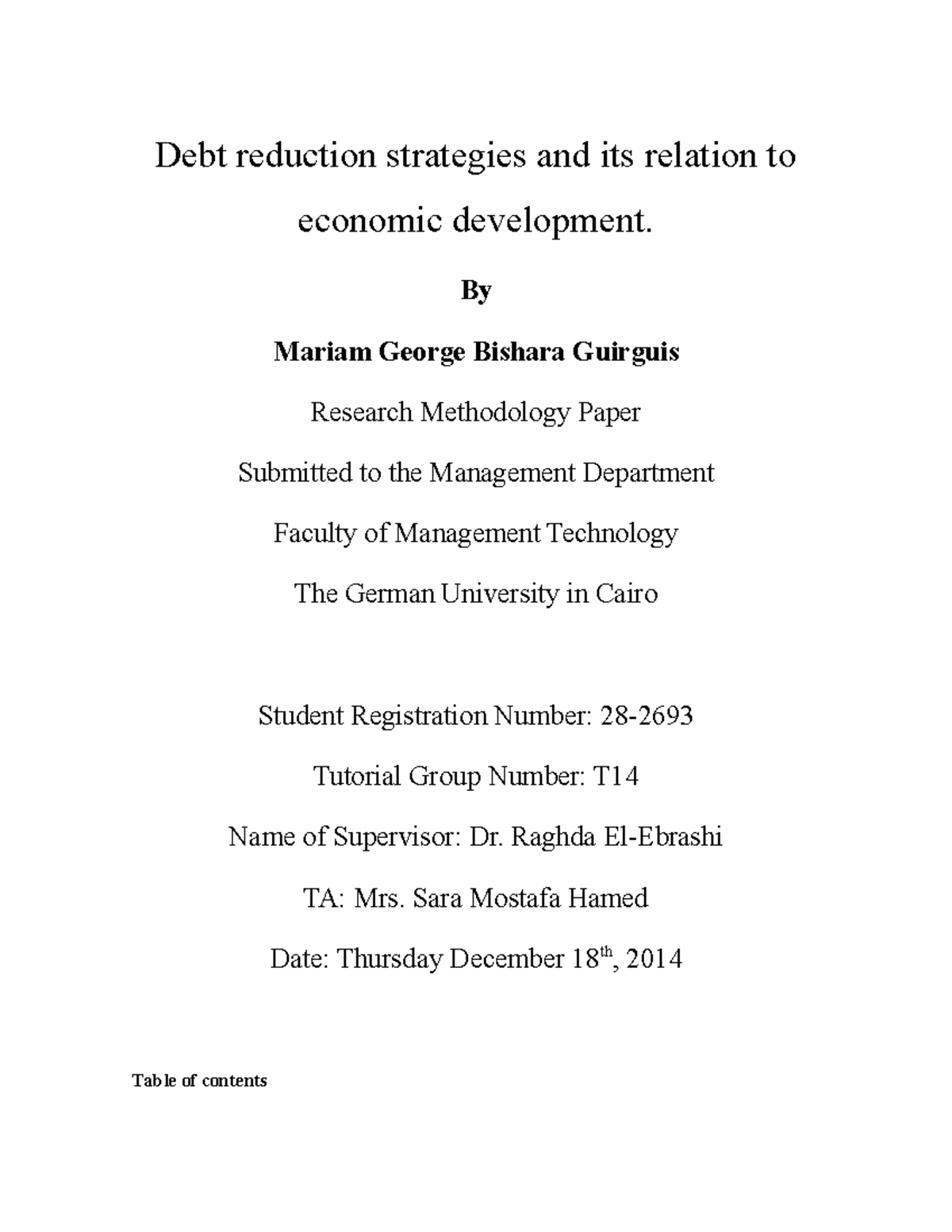 Debt reduction strategies - By Mariam George Bishara Guirguis Research ...