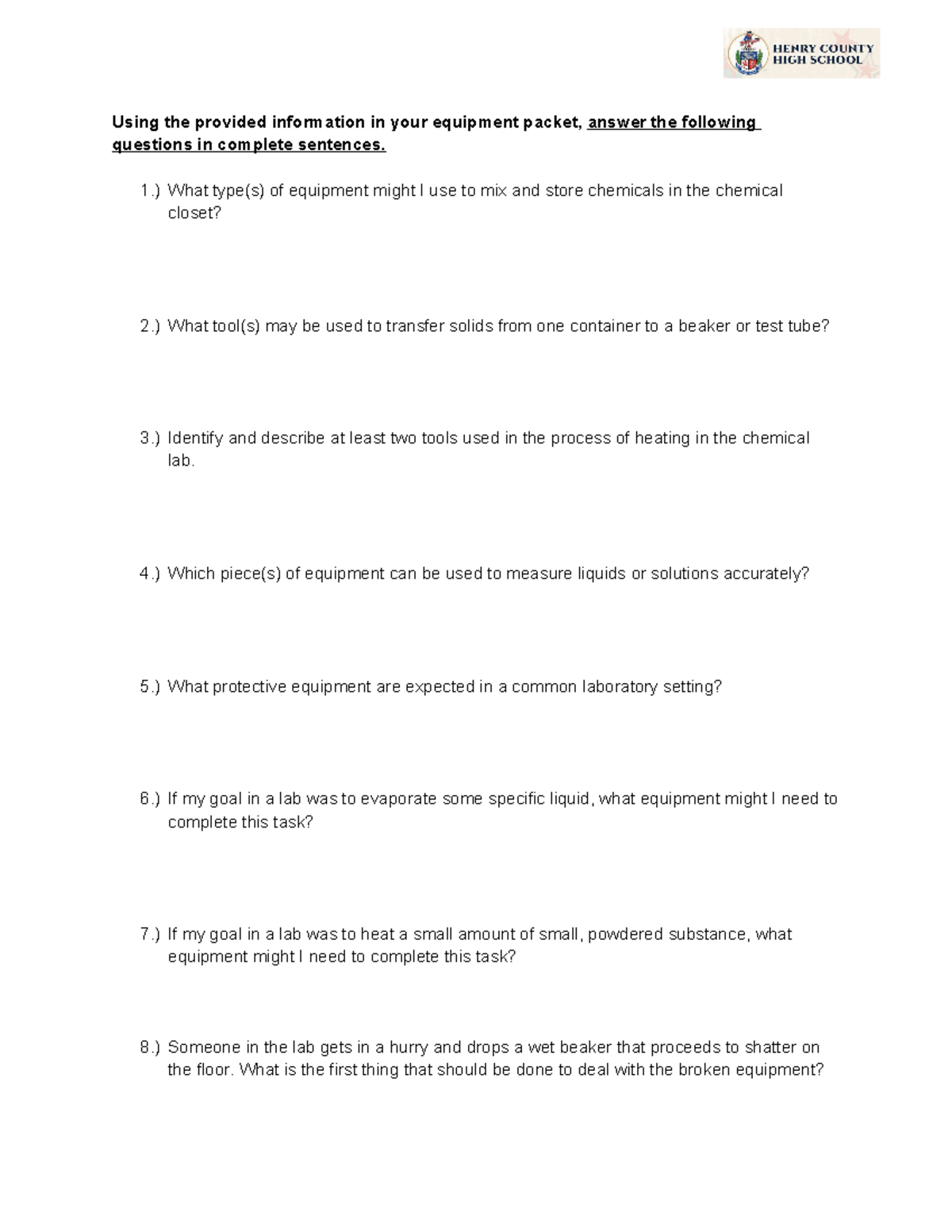 Lab Equipment Questions Using the provided information in your