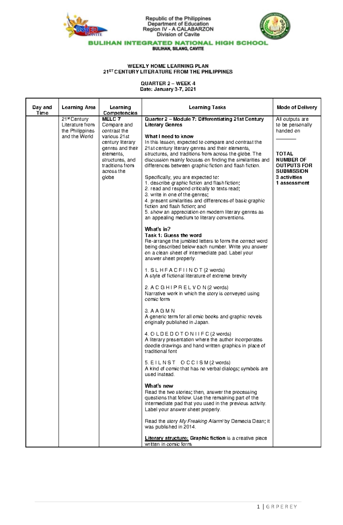 WHLP QTR2 WEEK 4 21st CL WEEKLY HOME LEARNING PLAN 21 ST CENTURY 