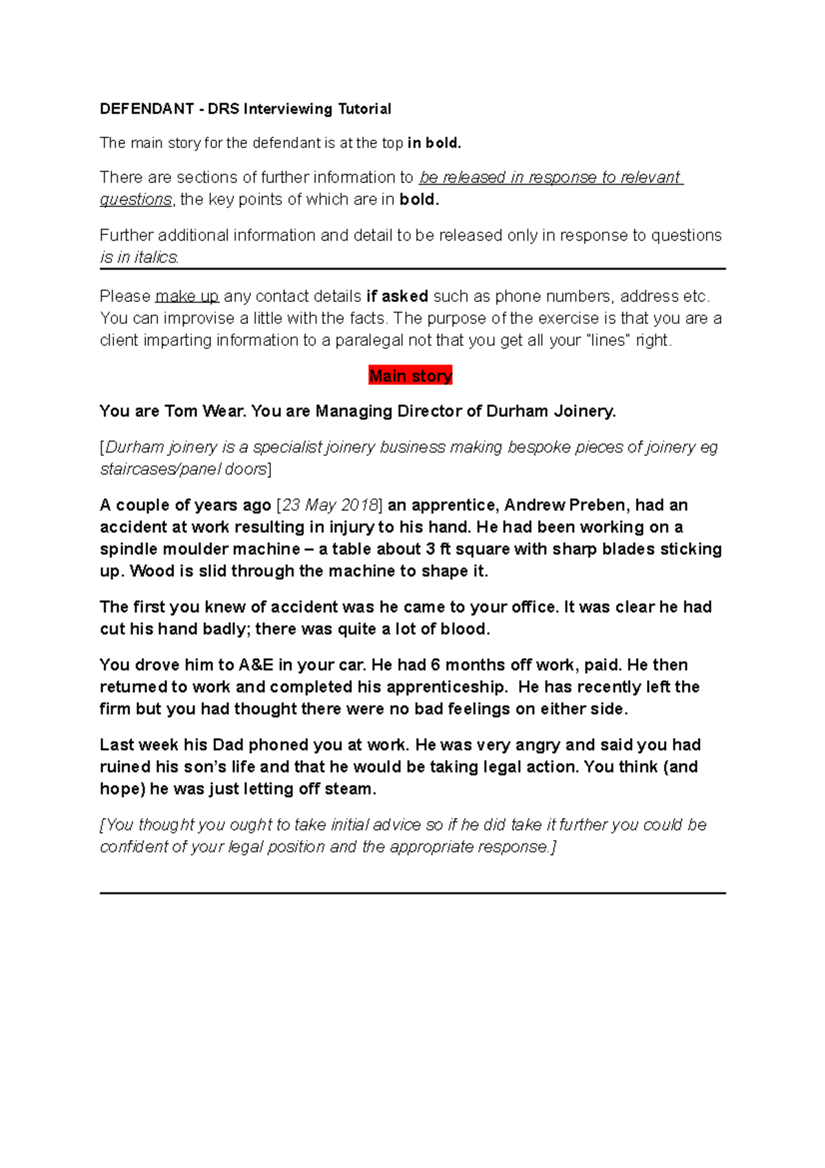 Defendant Interviewing Instructions 2020 - DEFENDANT - DRS Interviewing ...