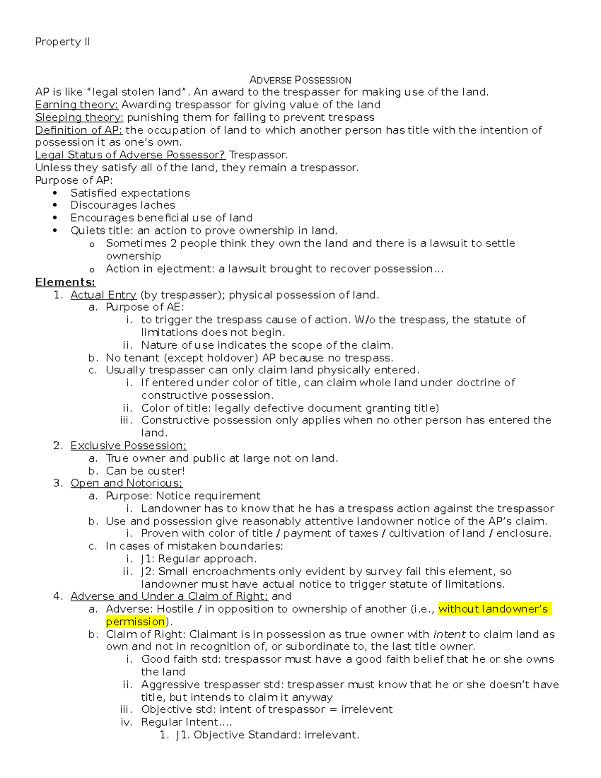 Property II ortiz Summer Outline - Property II ADVERSE POSSESSION AP is ...