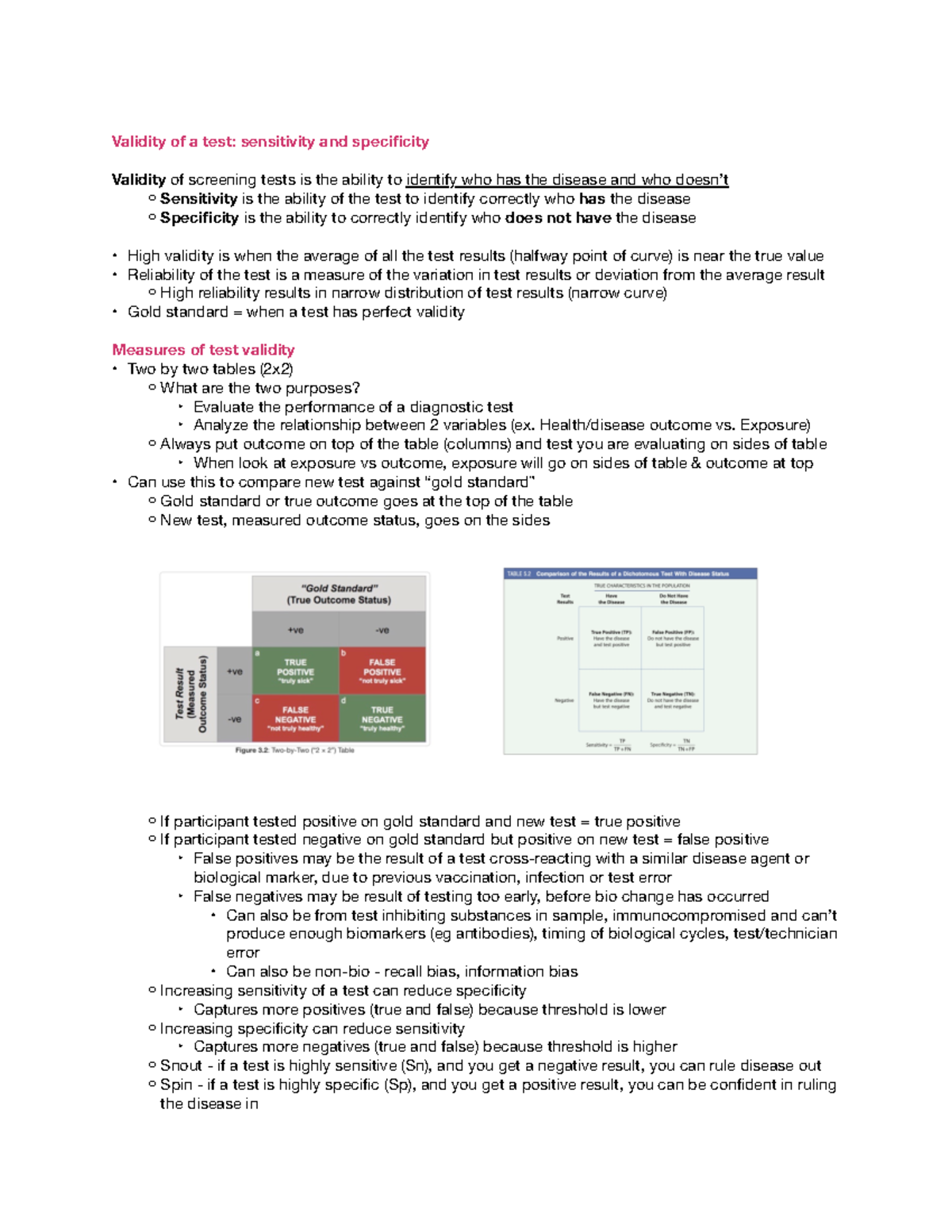 Unit 3 - Screening and diagnostic testing - Validity of a test ...