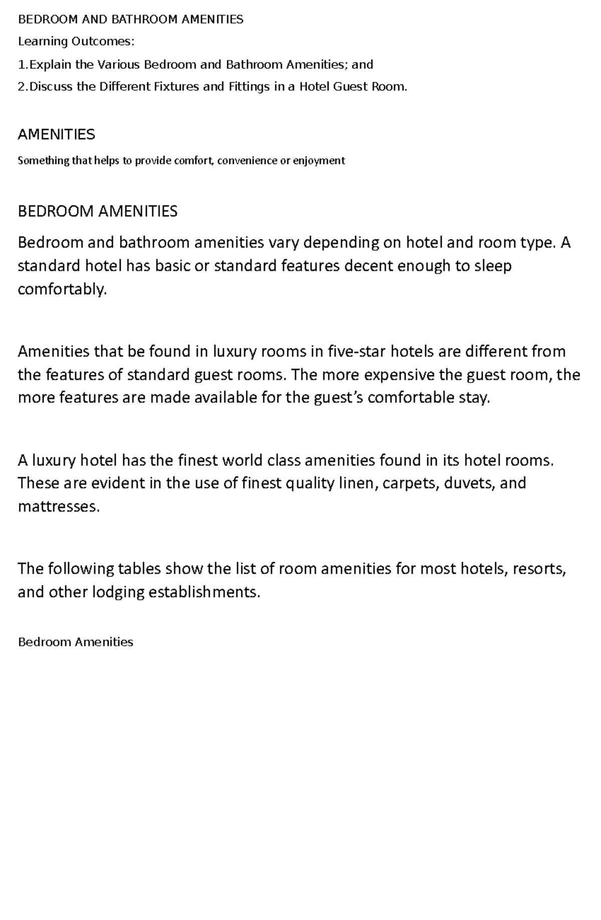 Bedroom AND Bathroom Amenities Learning BEDROOM AND BATHROOM