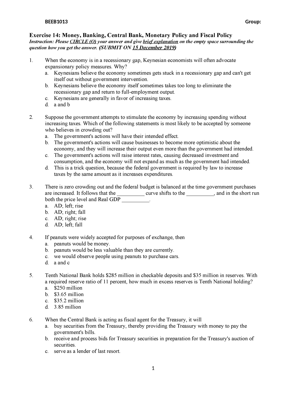 Exercise 14 Money, Banking, Central Bank, Fiscal And Monetary Policies ...