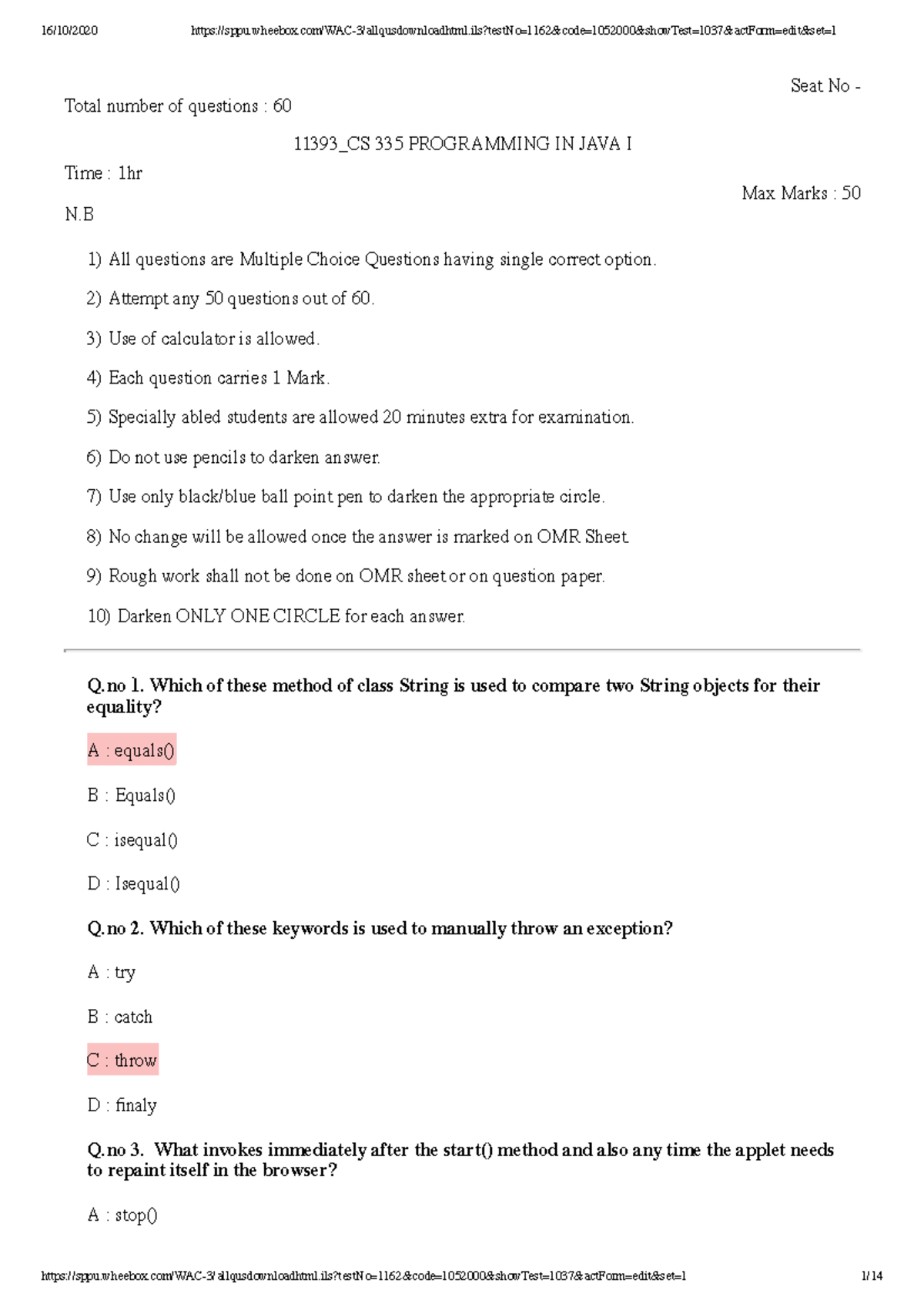 Javaq 9 Java MCQ's Total number of questions 60 Seat No 11393