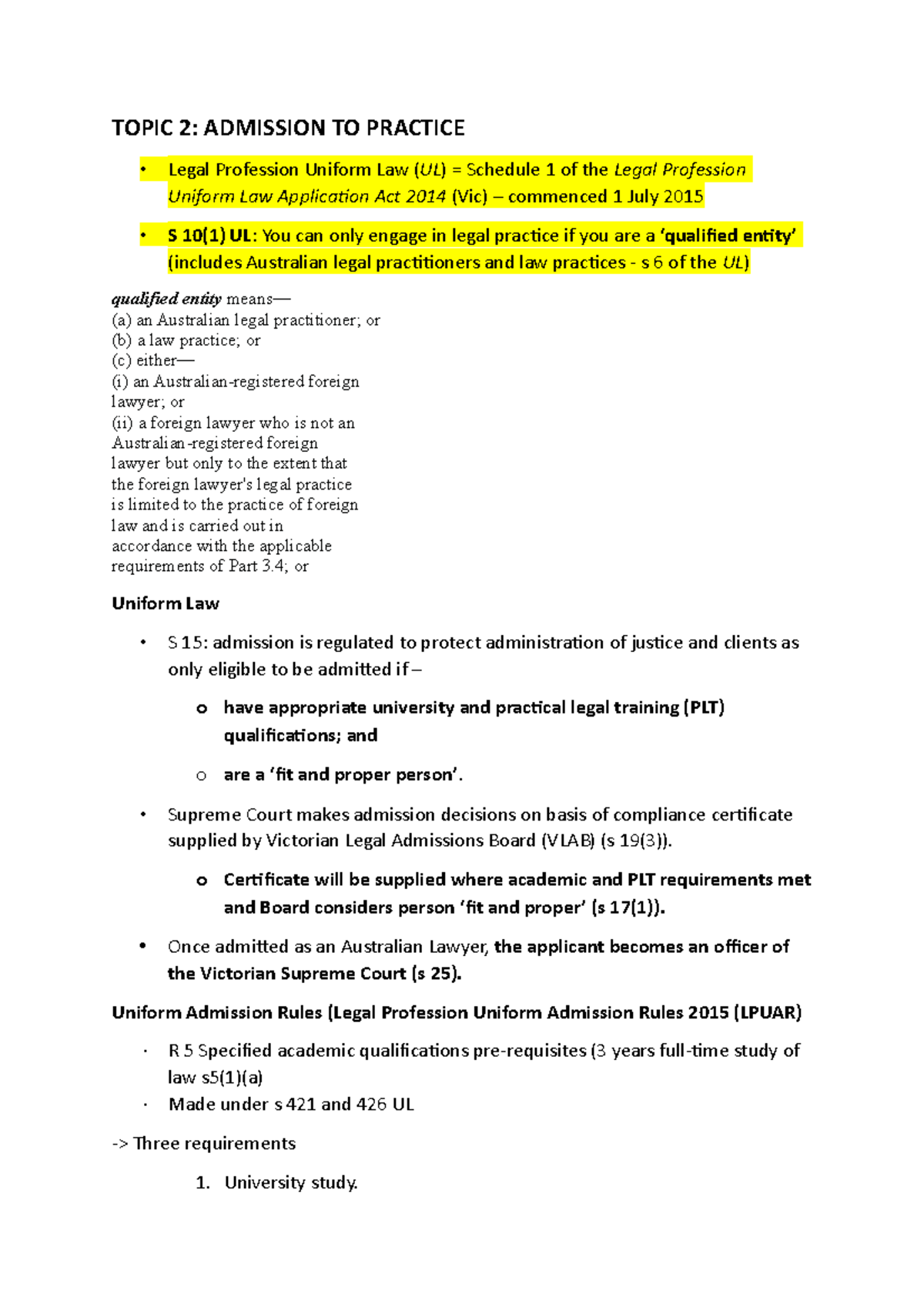 Topic 2 Lecture notes 2 TOPIC 2 ADMISSION TO PRACTICE Legal
