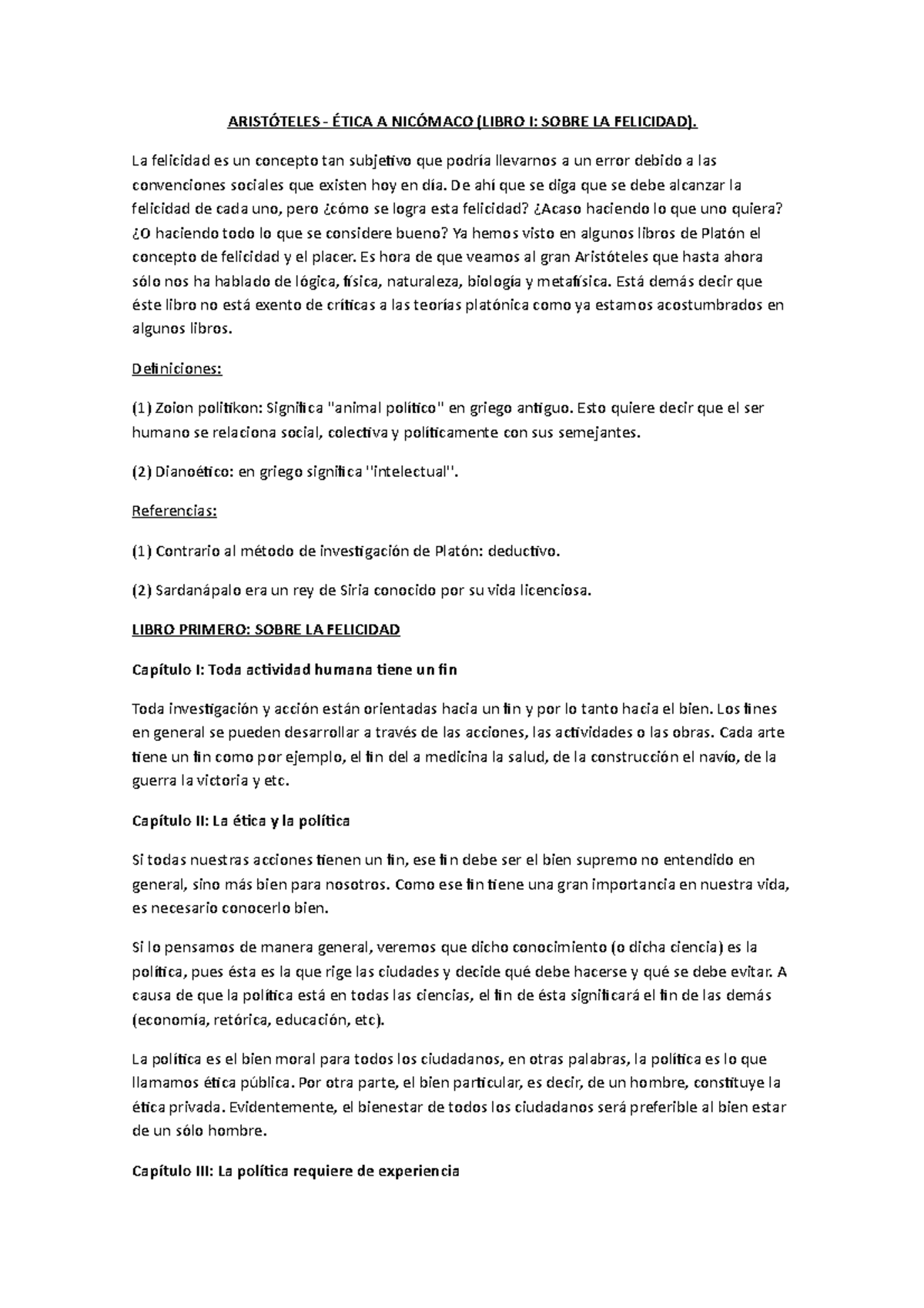 Etica A Nicomaco Libro I Resumen Clase 7 Uade Studocu
