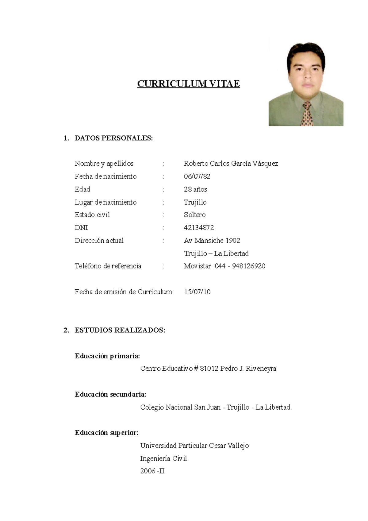 Cv Ingeniero Civil - APUNTES - CURRICULUM VITAE 1. DATOS PERSONALES ...