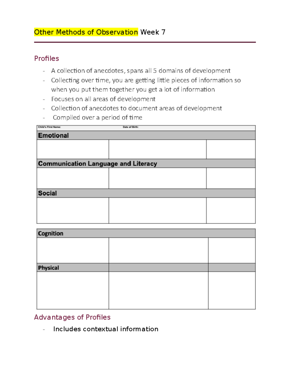 Other Methods of Observation Week 7 - 2/3 for observations 3. 1/3 for ...