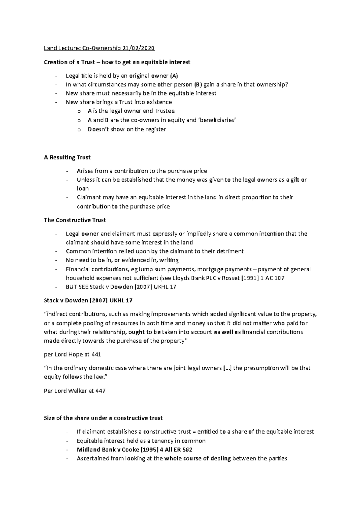 Co Ownership 21 - notes from lecture - Land Lecture: Co-Ownership 21/02 ...
