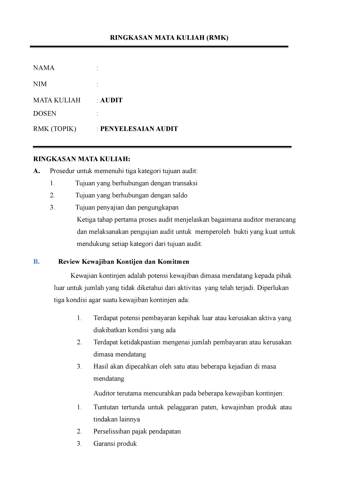 5 - Rmk Audit - RINGKASAN MATA KULIAH (RMK) NAMA : NIM : MATA KULIAH ...