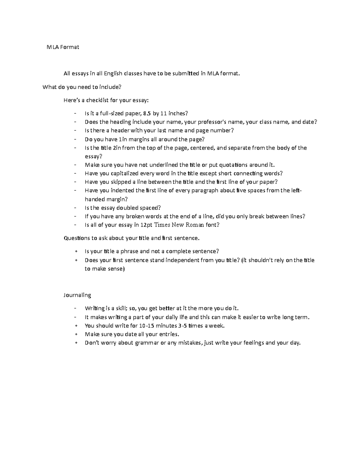 MLA and Journaling - Lecture notes 1-2 - MLA Format All essays in all ...