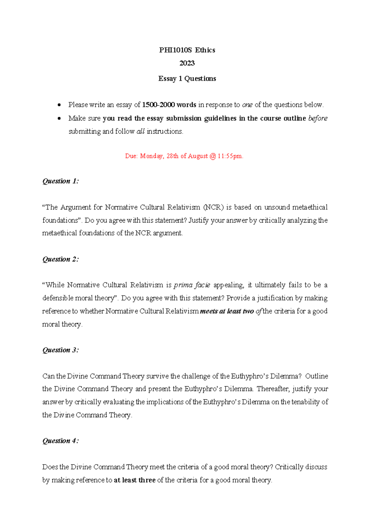 essay 1 exam 10th class 2023