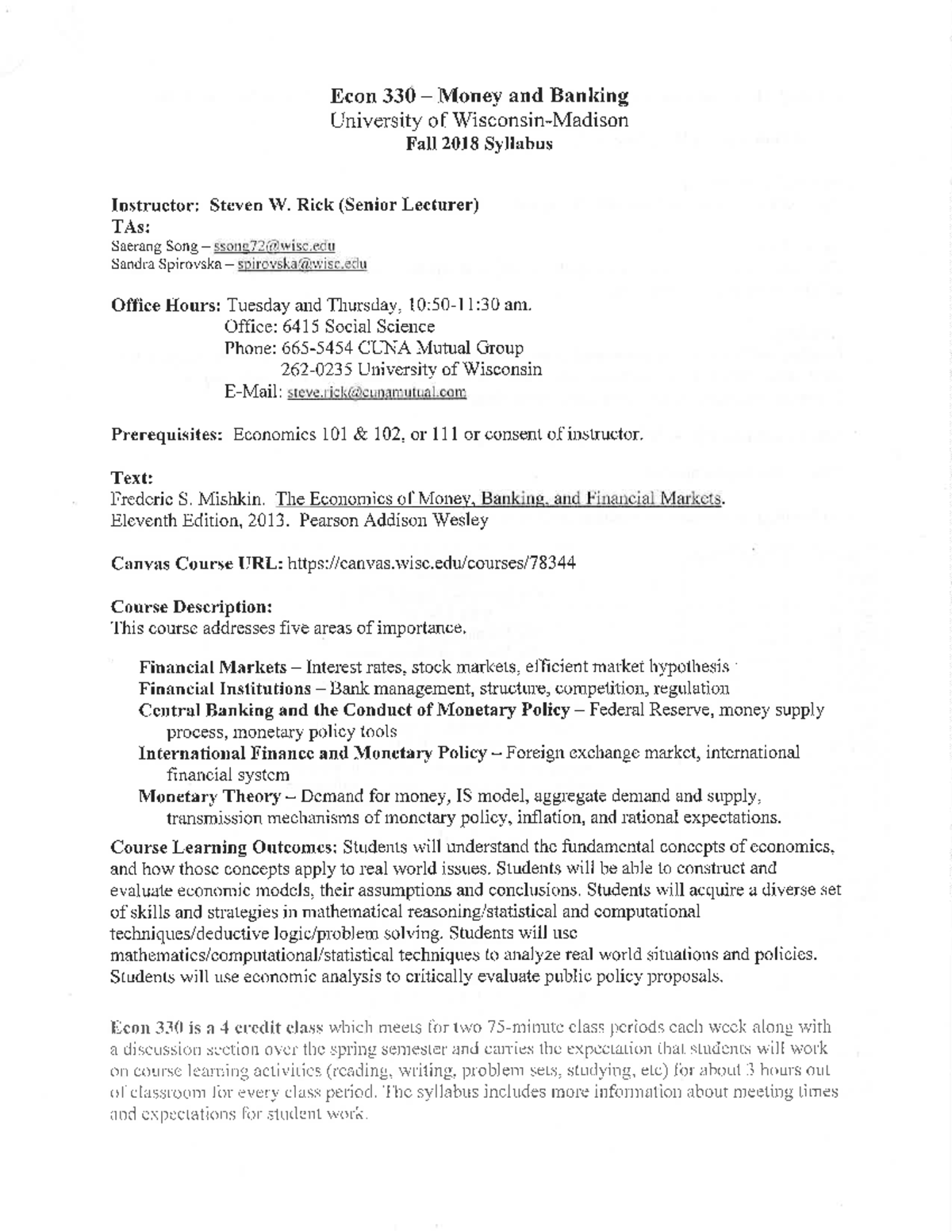 Econ330 F18syllabus Summary Money And Banking Econ 330 Money and