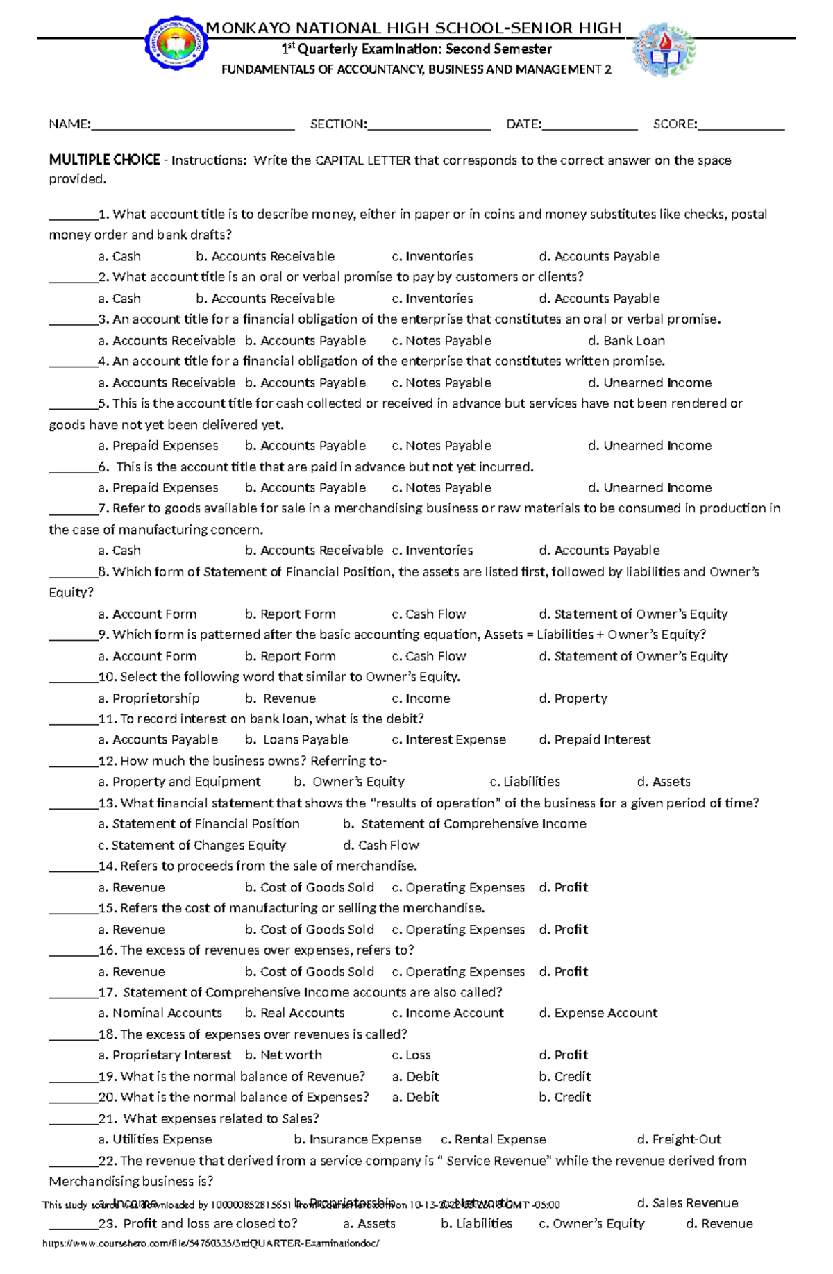 3rd Quarter Examination - MONKAYO NATIONAL HIGH SCHOOL-SENIOR HIGH 1 st ...