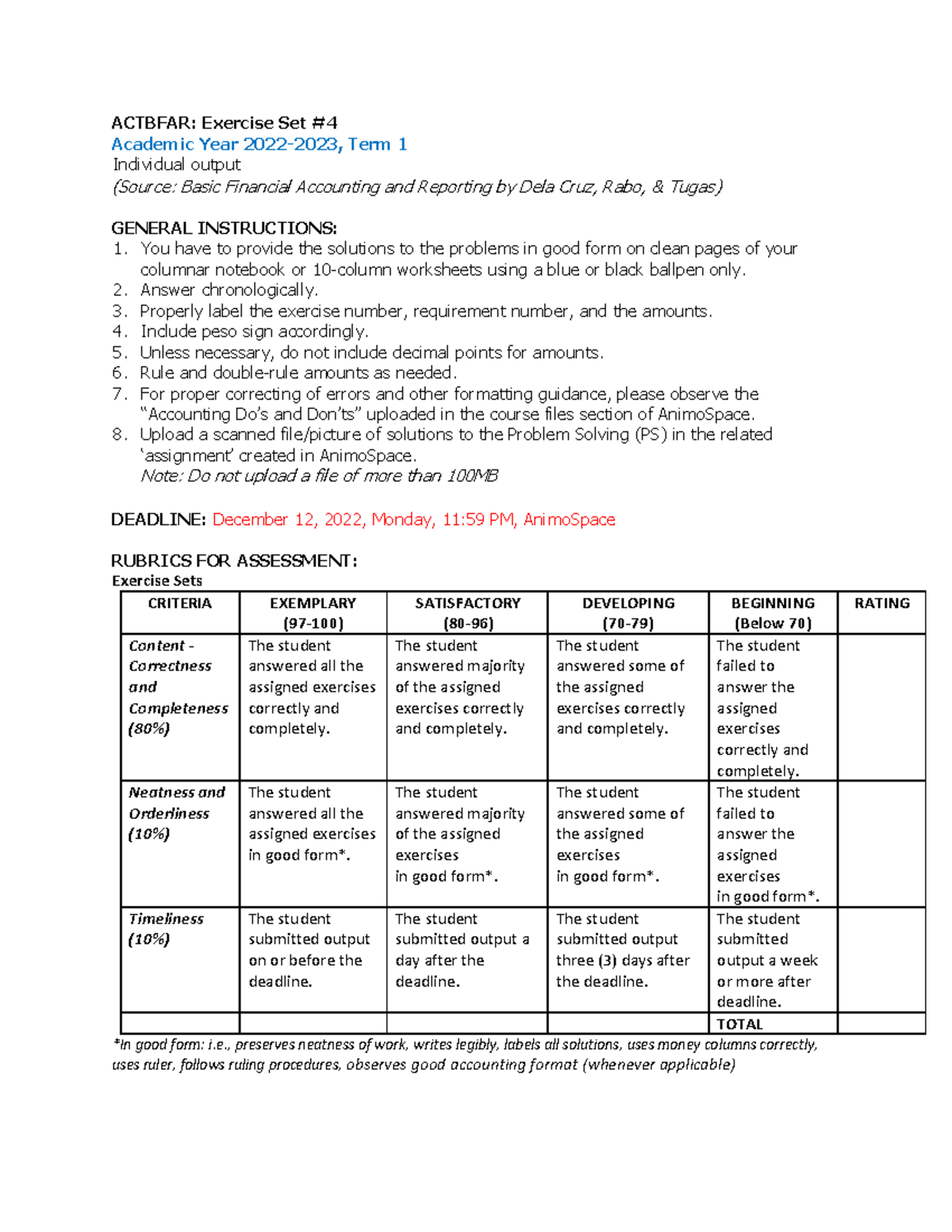 A Ctbfar Exercise Set #4 - ACTBFAR: Exercise Set # Academic Year 2022 ...