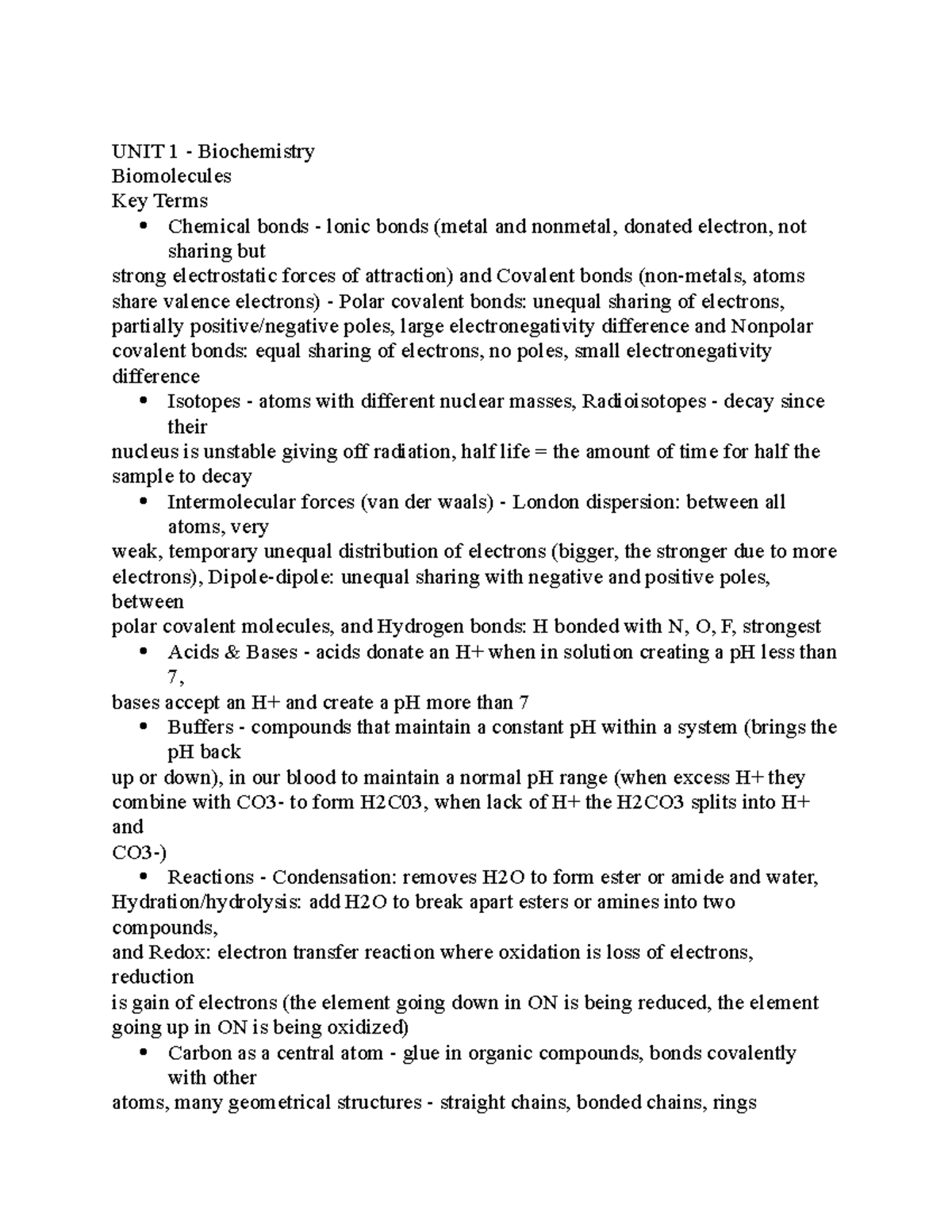 BIO TEST Lecture notes 13 UNIT 1 Biochemistry Biomolecules Key