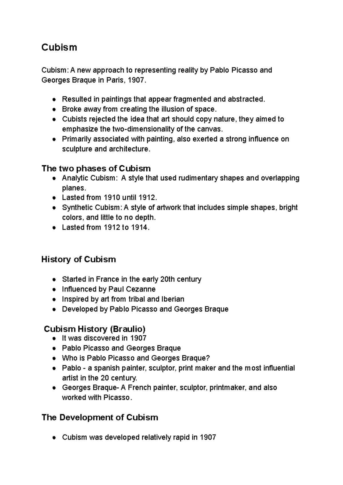 Cubism Notes - Cubism Cubism: A new approach to representing reality by ...