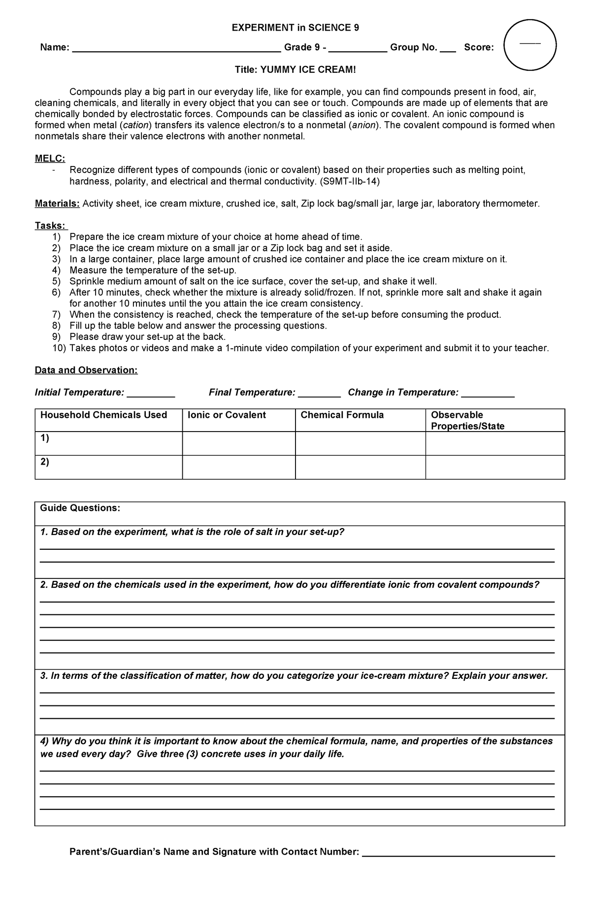 Experiment on Ionic and Covalent Compounds 1 - EXPERIMENT in SCIENCE 9 ...