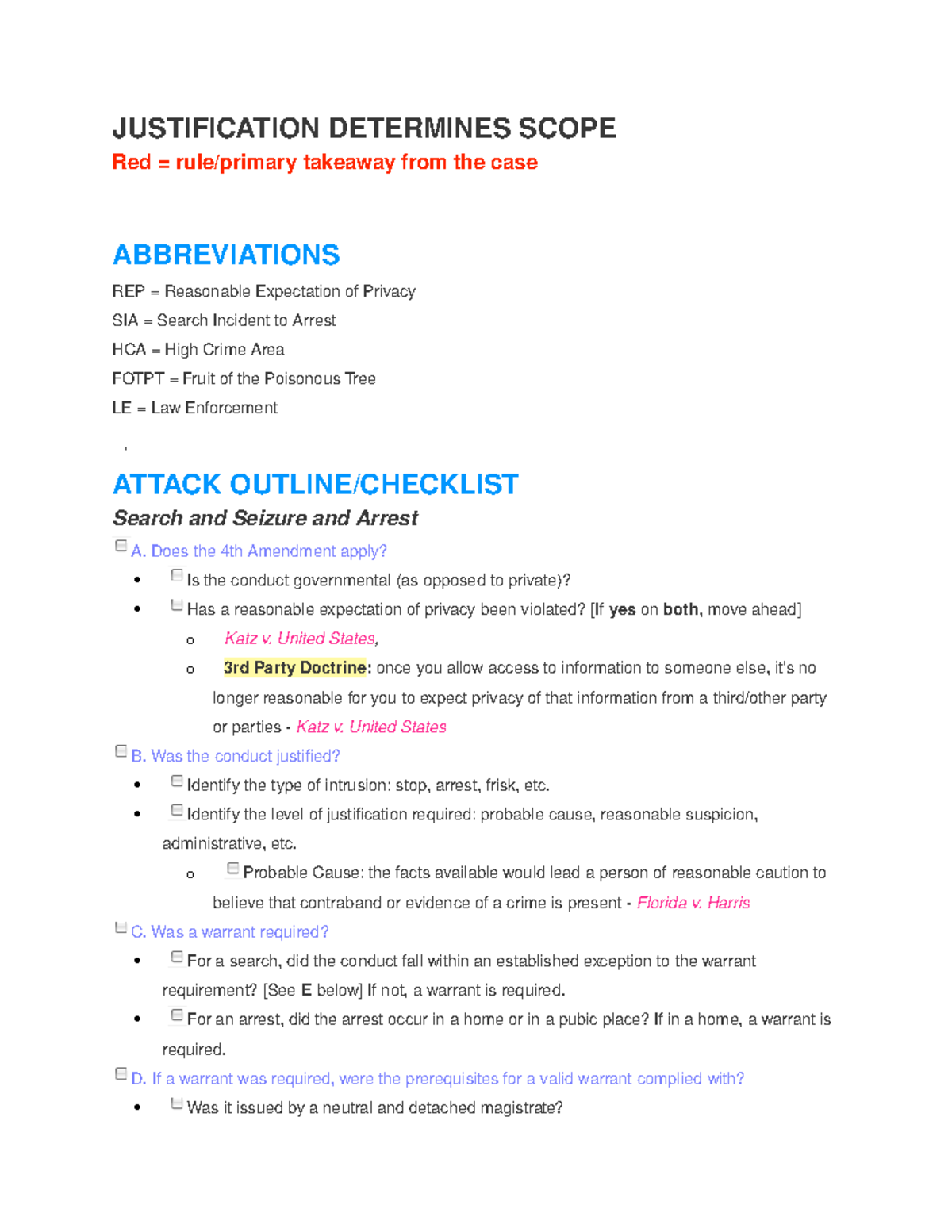 Criminal Procedure - JUSTIFICATION DETERMINES SCOPE Red = rule/primary ...