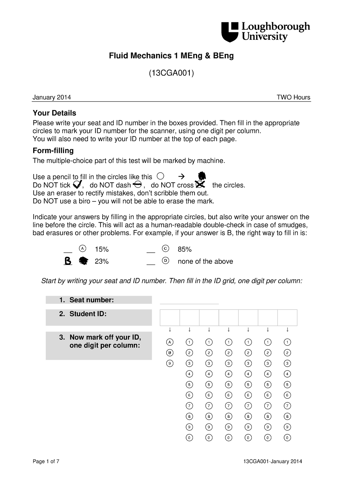 Fluid Mechanics I Exam Questions Fluid Mechanics Meng Beng Cga January Two