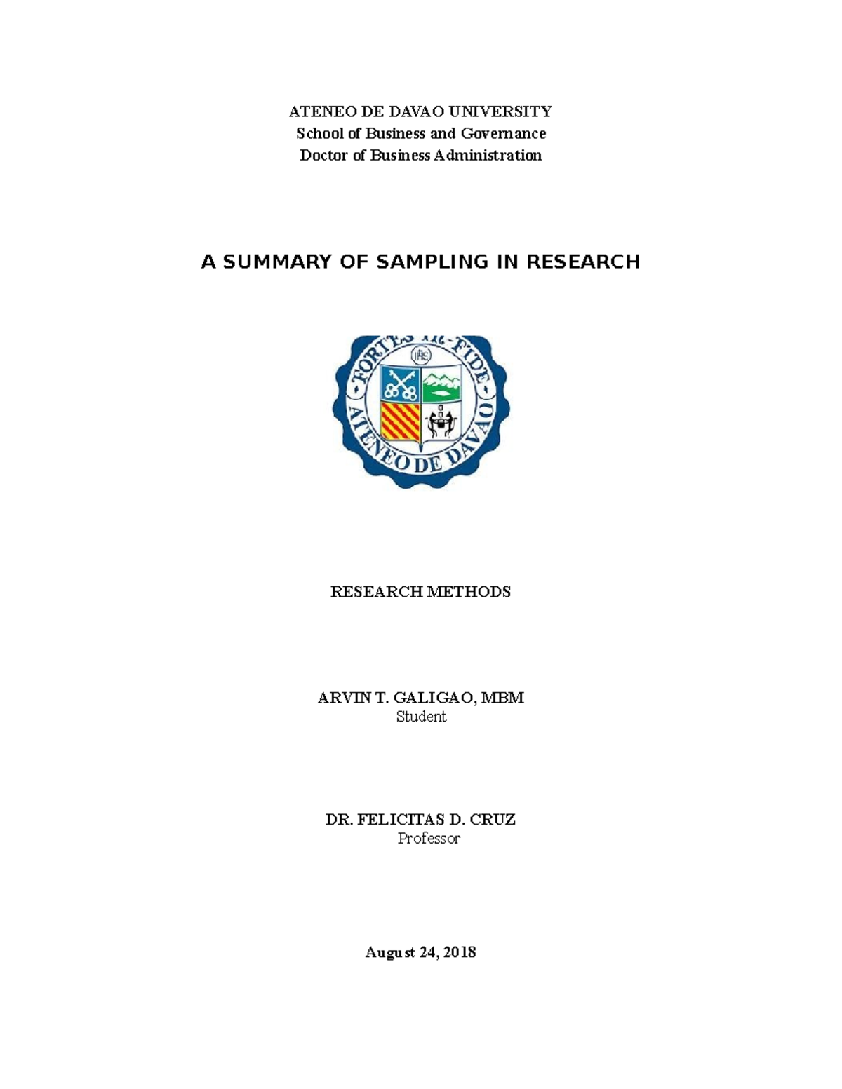 Sampling Summary - ATENEO DE DAVAO UNIVERSITY School of Business and ...