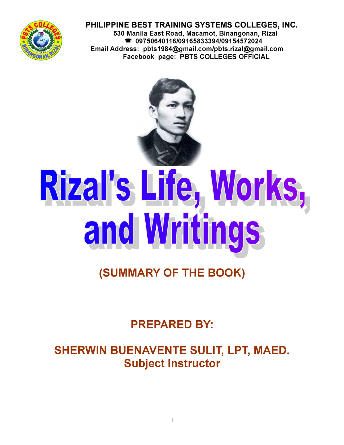 Rizal's Life Summary of the Book - PHILIPPINE BEST TRAINING SYSTEMS ...