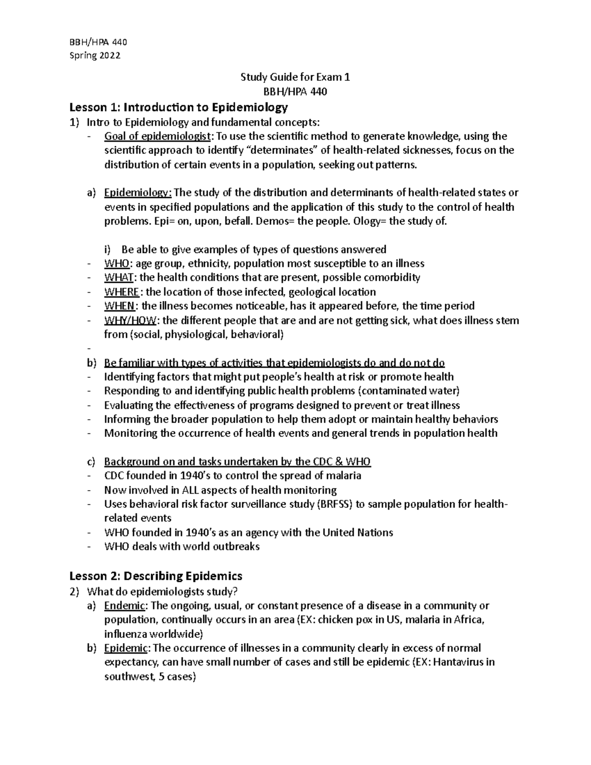 BBH/HPA 440 Exam one - Spring 2022 Study Guide for Exam 1 BBH/HPA 440 ...
