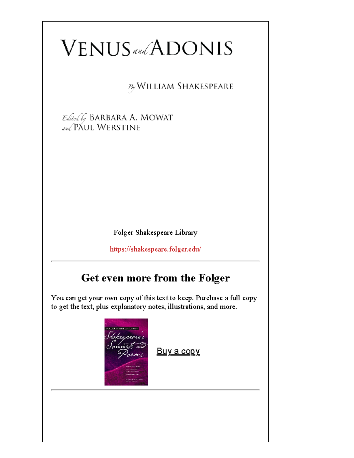 Venus-and-adonis PDF Folger Shakespeare - LING 307 - TAMU - Studocu