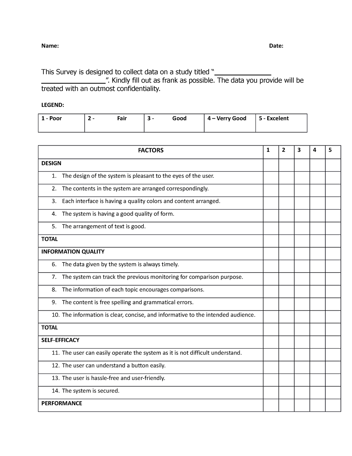 Survey Paper - Name: Date: This Survey is designed to collect data on a ...