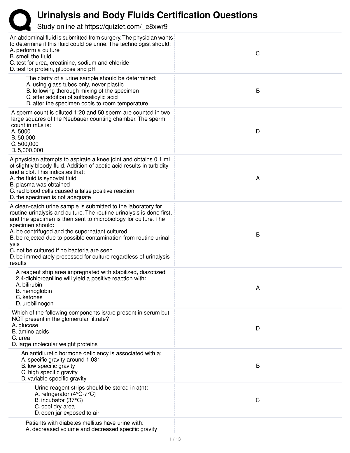 Urinalysis and Blody Fluids - Study online at quizlet/_e8xwr An ...