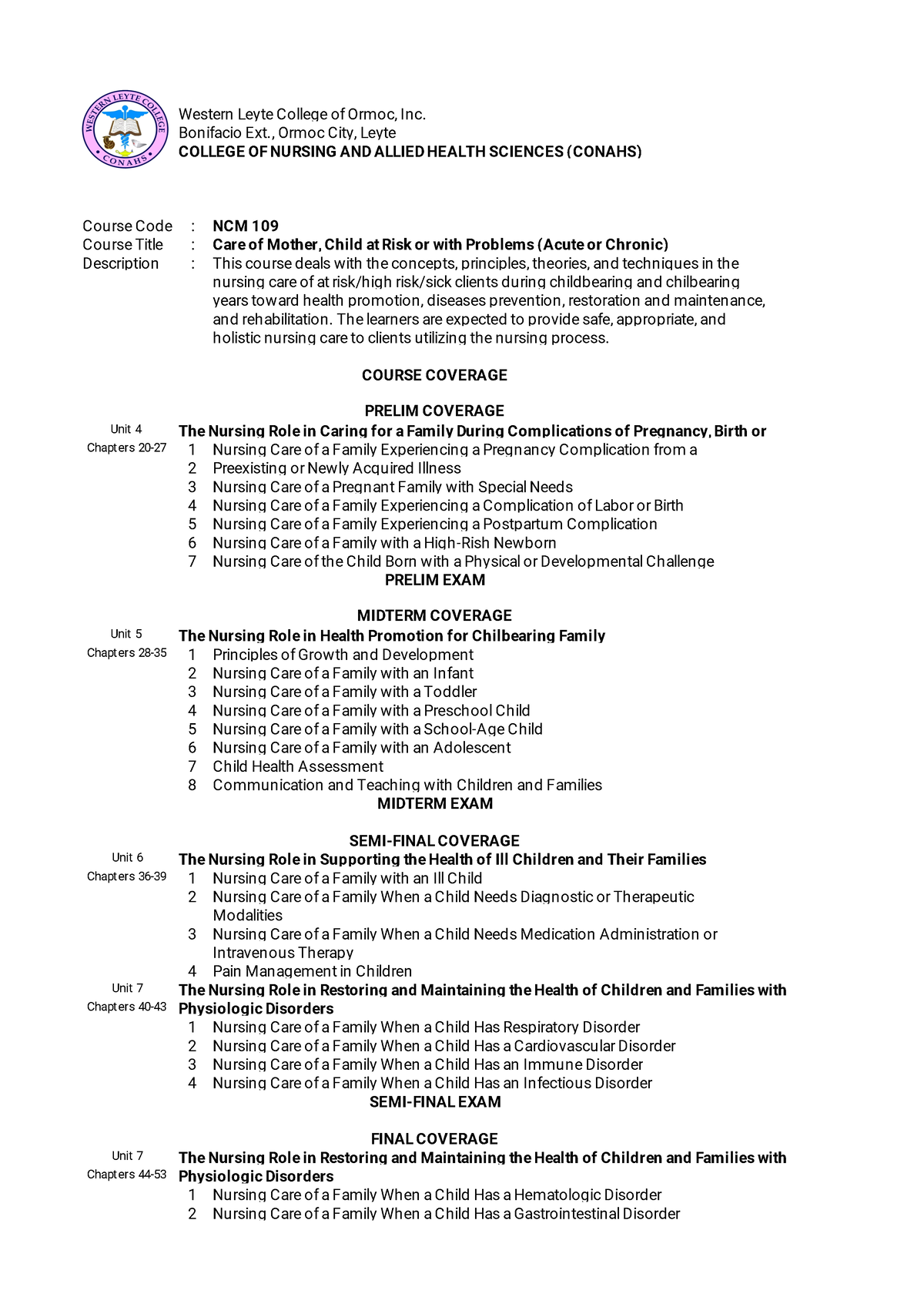 NCM 109 Course Outline - Western Leyte College of Ormoc, Inc. Bonifacio ...