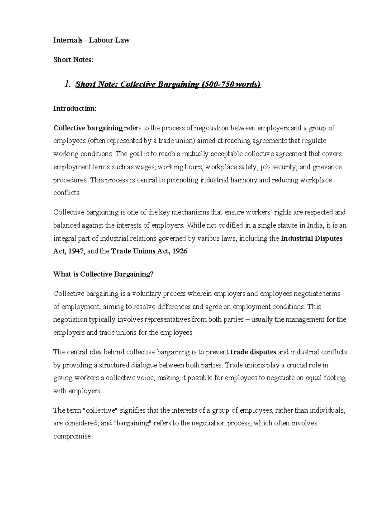 Labour Law - Externals Notes - Internals - Labour Law Short Notes: 1 ...