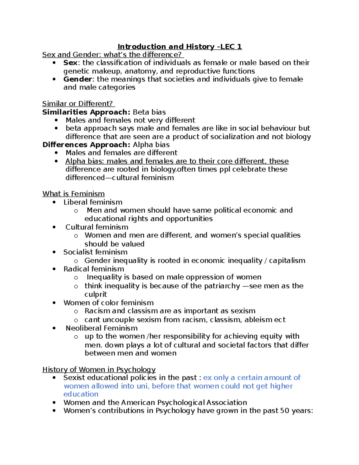 Womens PSY Notes - Introduction and History -LEC 1 Sex and Gender: what ...