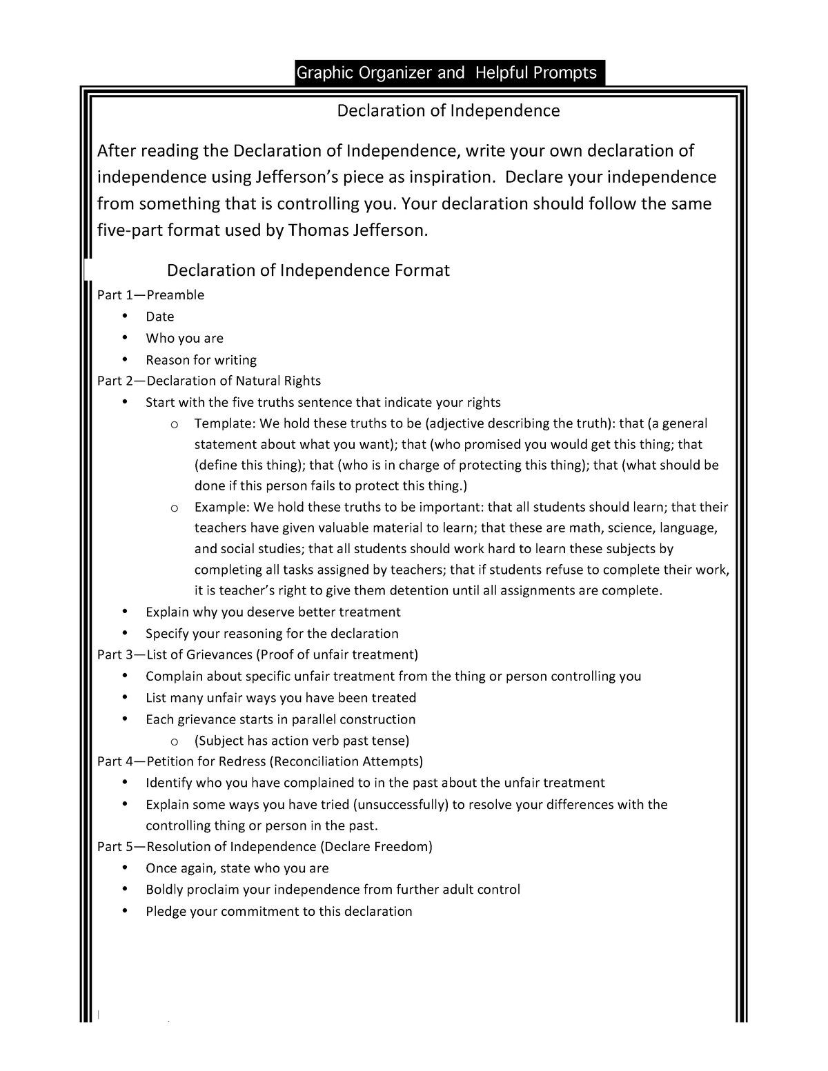 Doi Graphic Organizer 2 Declaration Of Independence Teenage Declaration Of Independence After