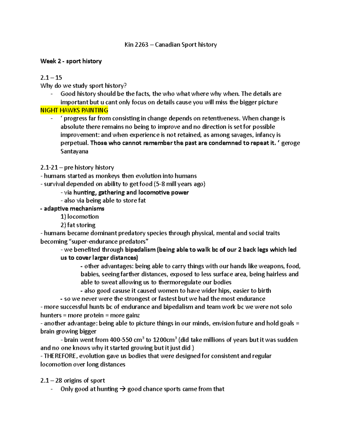 Sport history weekly lecture notes Kin 2263 Canadian Sport history