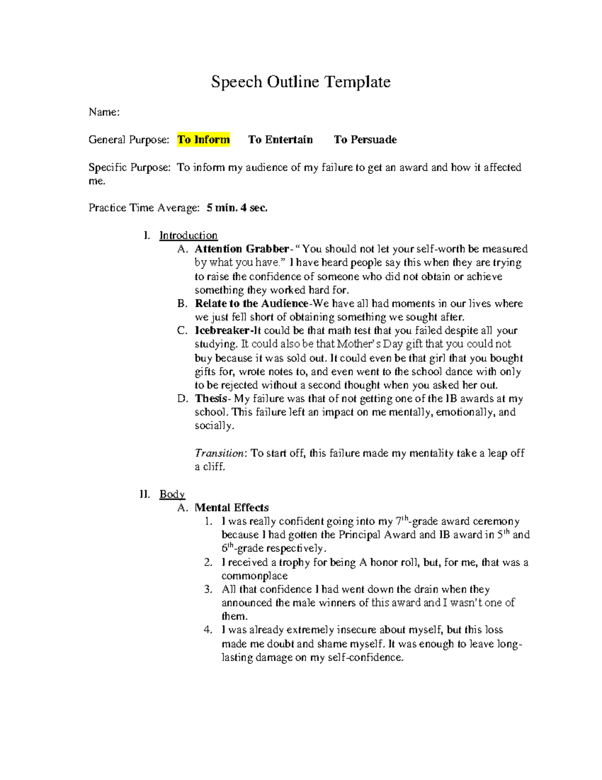 Failure Speech Outline Example 1 - Speech Outline Template Name ...