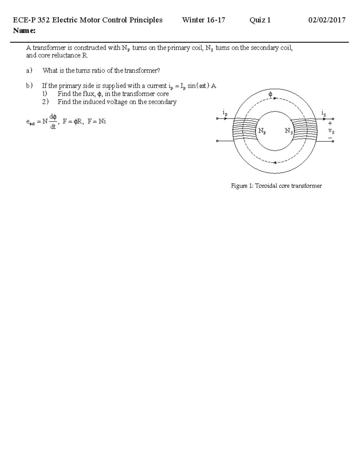 ECEP352 Quiz 1 Quiz 1 Solutions ECEP 352 Electric Motor Control