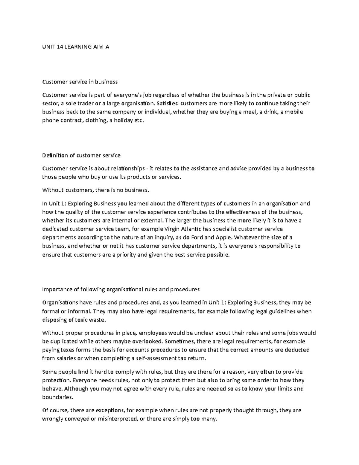 Pearson BTEC National Business Unit 14 Learning Aim A UNIT 14